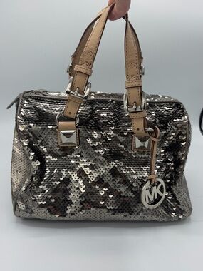 Michael Kors Grayson Sequin Satchel Gunmetal Silver Tan Leather MK Charm Bag